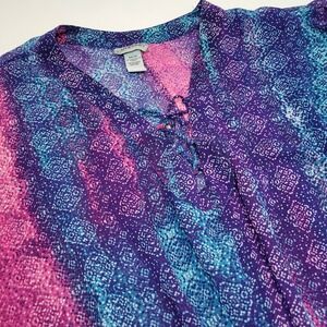 Catherines Women Poncho Top Size 0X/1X Sheer‎ Multicolor Geometric Print Lace Up